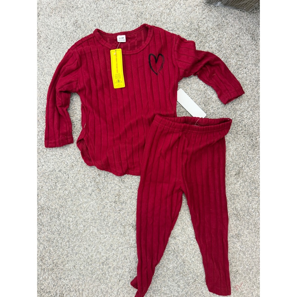 Girls' Red Long Sleeve & Pants Set – Heart Detail – 12–18 Months – NWT